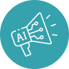 AI marketing icon showing a megaphone with AI circuits, symbolizing artificial intelligence in digital marketing.
