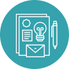 Branding and creativity icon showing documents, a light bulb, envelope, and pen, symbolizing creative ideas and brand strategy development.