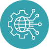 Digital and technology icon showing a globe connected to a gear with circuit lines, symbolizing global connectivity and digital innovation.