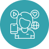 Social and influencer icon showing a person with a smartphone, surrounded by media and social symbols, representing online engagement and influencer marketing.